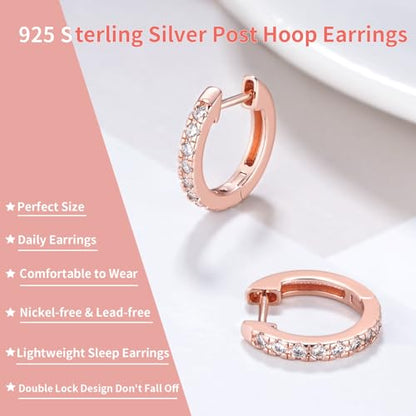 14K Gold Plated Hoop Earrings for Women with 925 Sterling Silver Post, Lightweight Small Hoop Earrings 15mm/20mm Huggie Hoop Earrings - color: CZ - 14K Rose Gold Plated, size: 15MM