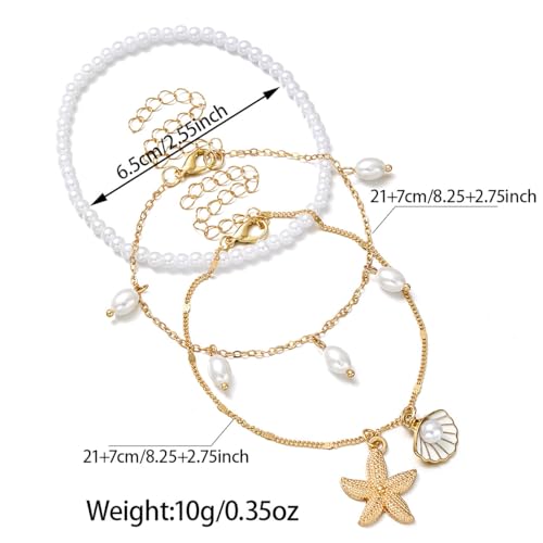 Boho Shell Ankle Bracelet Set for Women Gold Plated Adjustable Anklet Beach Inspired Foot Jewelry with Starfish & Pearl Charms - color: A