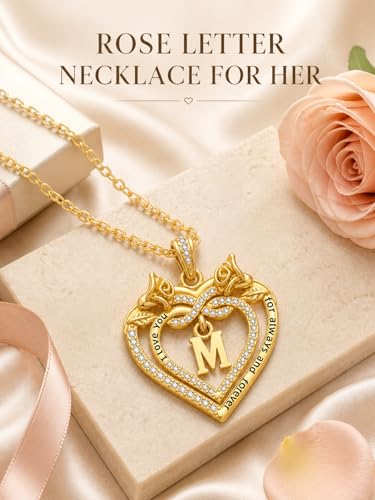 14K Gold Initial Letter Rose Heart Pendant Necklace for Women, Anniversary Birthday Jewelry Gifts for Wife Mom Grandma Sister Daughter, I Love You for Always And Forever - style: 14K Gold-M