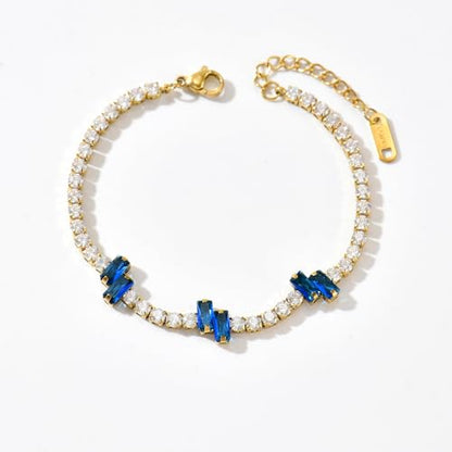 18K Gold Plated Cubic Zirconia Tennis Bracelet for Women Sparkling Stackable Stainless Steel Jewelry Hypoallergenic Tarnish Resistant Bridal Gift - color: Dark Blue Baguette CZ-Gold