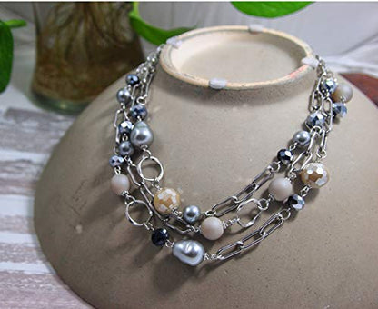 Multi Strand layered Frosted Multi Layer Mother of Pearl Statement Chunky Pastel Pearl Necklace June Birthday Gift - style: Stainless Steel