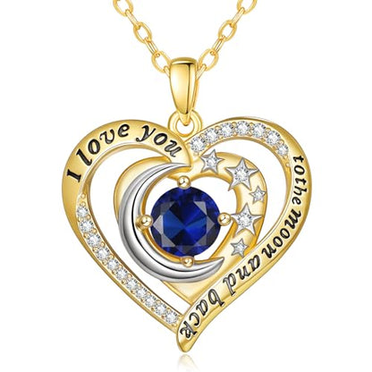 14K Gold I Love You to the Moon and Back Necklace for Women, Double Heart Birthstone Necklace, Moon Star Love Jewelry, Christmas Valentines Mothers Day Birthday Gifts for Wife Mom Girlfriend - color: 09-Sep Birthstone