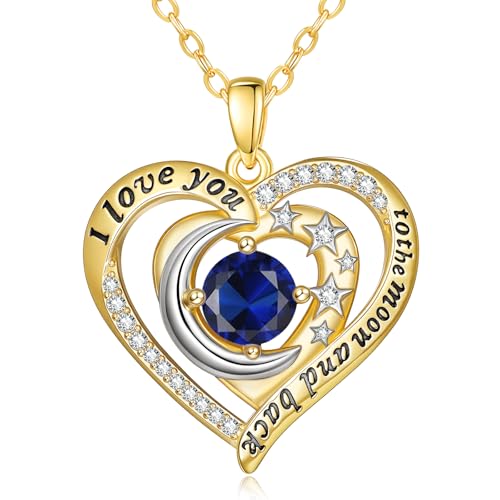 14K Gold I Love You to the Moon and Back Necklace for Women, Double Heart Birthstone Necklace, Moon Star Love Jewelry, Christmas Valentines Mothers Day Birthday Gifts for Wife Mom Girlfriend - color: 09-Sep Birthstone