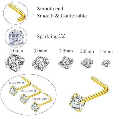 316L Surgical Steel 22g/20g/18g Nose Rings Studs L-Shape Nose Nostrial Piercing Body Jewerly L Shaped Nose Studs 1.5mm 2mm 2.5mm 3mm CZ Nose Screw Studs Rings for Women - style: 6pcs/L-shape/18g/4.0mm Clear CZ/Gold