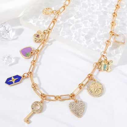 Charm Necklace for Women Gold Evil Eye Sun Moon Flower Coin Pendant Necklace Dainty Paperclip Chain Vintage Luck Amulet Choker Necklaces Celestial Jewelry Gift - style: 9 Charms- Key, Peace, Heart