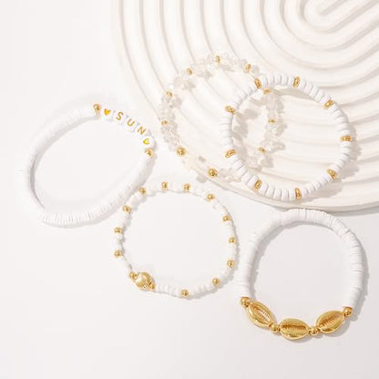 Boho Beaded Stretch Bracelets For Women Stackable Crystal Gold Plated Beaded Bracelets Set Trendy Handmade Friendship Braeclet Jewelry Gifts - color: G-Sun 5pcs