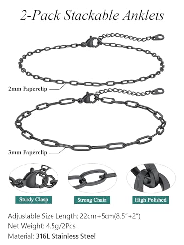 FaithHeart Waterproof Ankle Bracelets for Women, 1/2/3Pcs Non Tarnish Stainless Steel Layered Anklet Set Paperclip Figaro Cuban Link Chain Dainty Summer Beach Jewelry Gift Adjustable Size - style: e.Paperclip 2Pcs - Black
