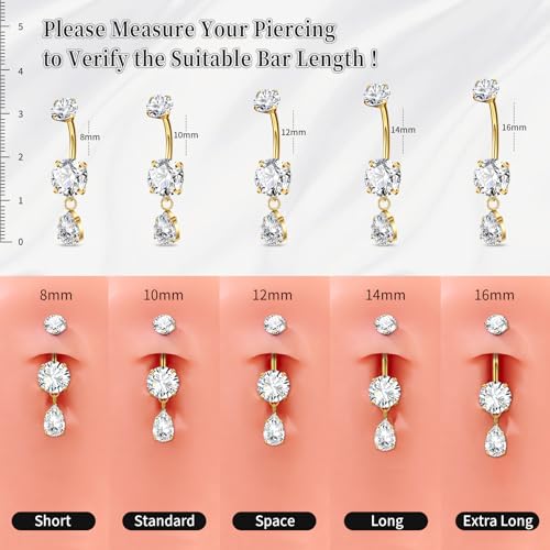 G23 Titanium Belly Button Rings Dangle CZ Belly Rings Curved Navel Rings Teardrop Internally Threaded Cute Belly Piercing 8mm-16mm - color: Style A| Gold, size: 8MM