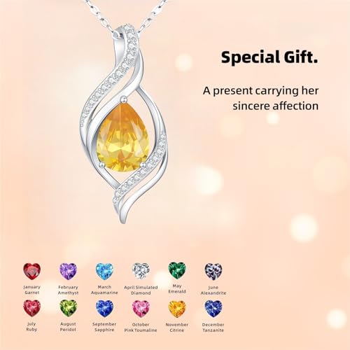 Birthstone Necklace for Women S925 Sterling Silver Teardrop | With Cubic Zirconia and Gemstones - Ideal Birthday Jewelry Gift for Her, Girlfriend, Wife, Mom on Birthday, Anniversary - color: 11 - Citrine