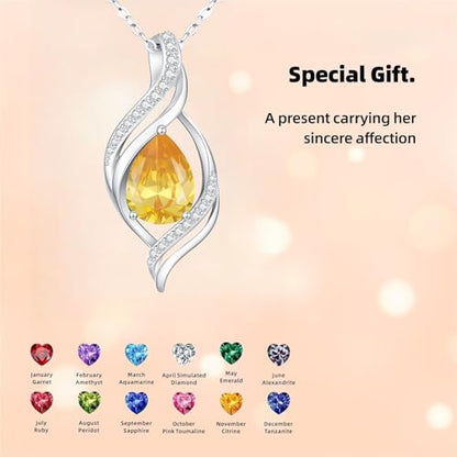 Birthstone Necklace for Women S925 Sterling Silver Teardrop | With Cubic Zirconia and Gemstones - Ideal Birthday Jewelry Gift for Her, Girlfriend, Wife, Mom on Birthday, Anniversary - color: 11 - Citrine