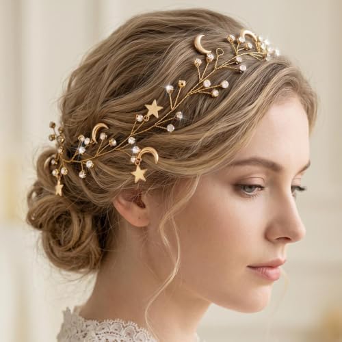 Casdre Star Rhinestone Hair Vine Gold Moon Headpiece Bridal Headband Crystal Bride Wedding Hair Accessories for Women and Girls