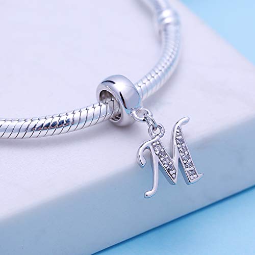925 Sterling Silver Charms Alphabet Beads fit Pandora Charm Bracelets A-Z Letter Initial Spacer Dangle Clear CZ Stone Authentic for Snake Chain Bracelets - color: M