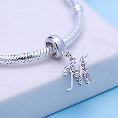 925 Sterling Silver Charms Alphabet Beads fit Pandora Charm Bracelets A-Z Letter Initial Spacer Dangle Clear CZ Stone Authentic for Snake Chain Bracelets - color: M