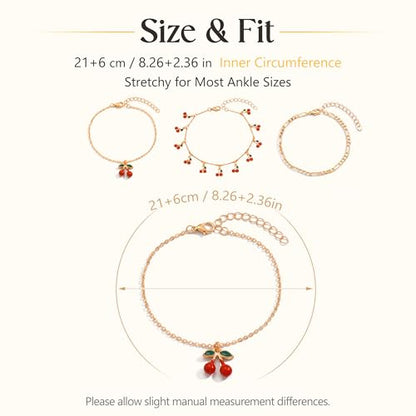 Fesciory Gold Plated Ankle Bracelets for Women, Adjustable Layered Flower Cherry Charm Anklets, Summer Hawaiian Beach Foot Jewelry Gifts - color: Cherry