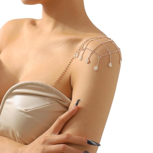 Rhinestone Shoulder Chain Jewelry - Crystal Tassel Arm Strap for Sexy Festival Rave - Bra Chain Bridal Lingerie Jewelry for Women - color: Gold