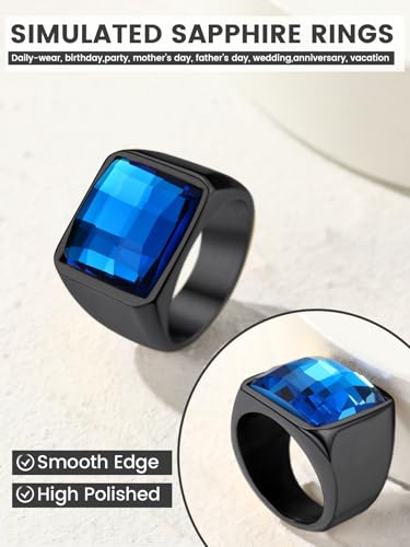 KeyStyle Square Gemstone Signet Rings for Men, Personalized Stainless Steel Pinky Ring with Black Onxy Blue Topaz Birthstone Statement Ring - color: Black - Blue Topaz - 15mm