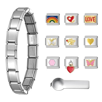 Stainless Steel Italian Charm Bracelet, 18 Link Starter Bracelet 9mm Charms | Italian Charm Bracelet with 9Pcs/20Pcs Charms and Opening Tools, Classic 9mm Modular Charm, Personalized Jewelry Gift - color: B-Silver
