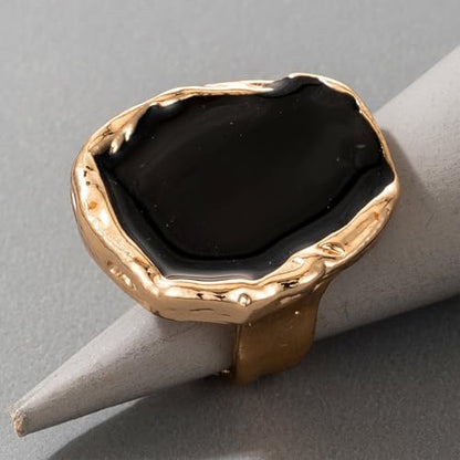 Statement Big Chunky Gold Black Two-tone Enamel Drip Ring Earrings Set for Women, Retro Large CZ Crystal Cocktail Rings Earring Geometric Jewelry Gift - color: Gold-3Pcs