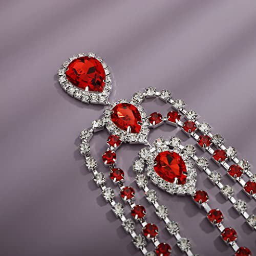 Bohemian Full Silver Rhinestone Chain Red Crystal Head Chain Clip Drop Pendant HeadPieces Forehead Headband Hair Accessories for Wedding Brides Party Prom Costume (Silver Red) - color: Silver Red