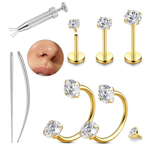 18G Horseshoe Nose Rings for Women Internally Threaded Flat Back Earrings | Labret Stud Hypoallergenic Surgical Steel Double Gem Nose Rings with CZ Helix Tragus Septum Lip Nostril Piercing Jewelry Set - color: 14K Gold Plated