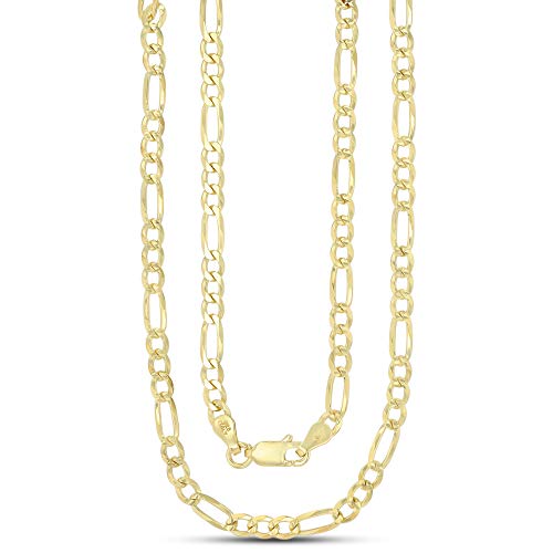 14K Gold or Rhodium Plated Silver Figaro Diamond Cut Pave Chain For Men | 1mm-13mm Thick | Solid 925 Figaro Italian Necklaces For Men - style: 4.00MM- Yellow