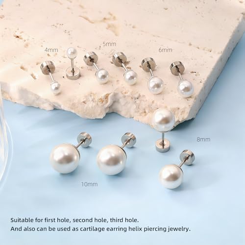 Pearl Earrings Studs for Women, 1 Pair Gold Filled Silver Hypoallergenic Titanium 20G Post with Screw Flat Back Small Pearls Jewelry Gift - color: Silver, size: 5mm Pearl