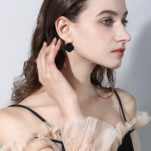 Handmade Bohemian Aesthetic Dainty Acrylic Flower Petal Leverback Earrings Sparkly 14K Gold Floral Dangle Drop Earrings for Women - color: Black