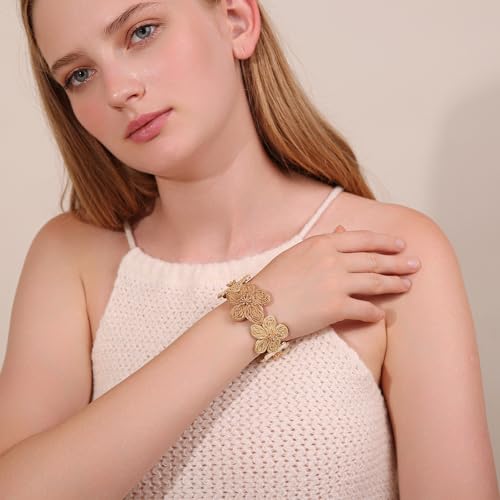 RUOFFETA Raffia Flower Cuff Bracelet for Women, Floral Chunky Bangle Wide Open Cuff Statement Bracelet - color: Beige Ombre