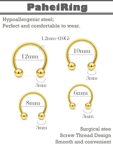 16G 316L Surgical Steel Horseshoe Septum Rings, 6/8/10/12 External Thread with Balls & Tool (17PCS) Nose Cartilage Lip Jewelry - color: Gold Plated Horseshoe Ring 6-12mm