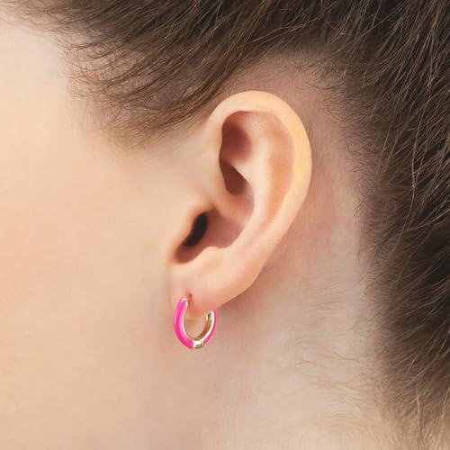 14K Gold Plated Sterling Silver Enamel Color Huggie Hoop Earrings for Women – Wide Range of Vibrant Color Options Available - color: Pink ( Light , Neon )