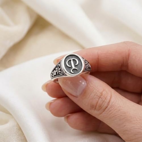 Personalized Initial Signet Ring for Men and Women, Solid 925 Sterling Silver Custom Letter Ring, Gothic Monogram Circle Signet Ring, Engraved Unisex Statement Jewelry Gift