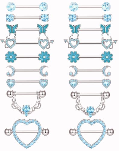 9 Pairs Nipple Rings Stainless Steel Heart Butterfly Moon Flower CZ Barbell Tongue Rings Set Cute Nipplerings Piercing Jewelry for Women Pink Silver Tone - color: C: Blue Tone