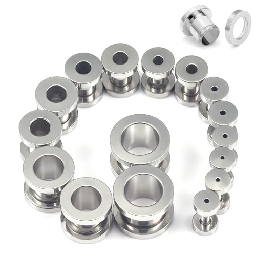 14G-00G Hollow Gauges Tunnels Stretching Kit 316L Surgical Steel Ear Gauges Plugs Earring Lobe flesh Tunnel Gauge Stretcher Silver Black Gold Color Tone - color: Silver:14G-00G