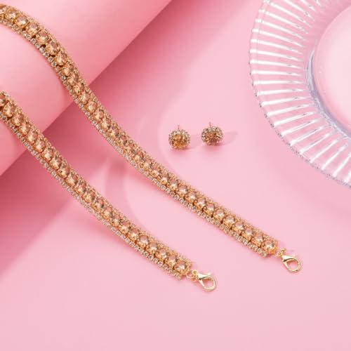 Women Rhinestone Crystal Jewelry Set Crystal Tennis Design Rhinestone Choker Necklace Link Bracelet Teardrop Earrings Set Wedding Bridal Bridesmaids Party - color: Gold Plated Champagne Crystal(2)