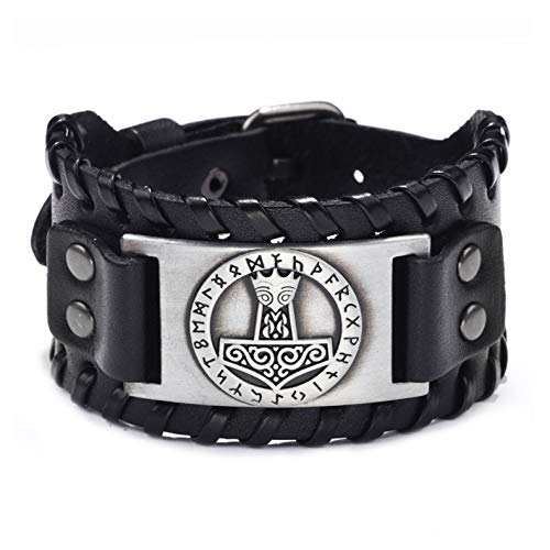 GelConnie Viking Bracelet Punk Leather Cuff Bracelet Gothic Leather Wristband Bracelet with Nordic Amulet Scandinavian Talisman Celtic Pagan Jewelry - color: Black Mjolnir