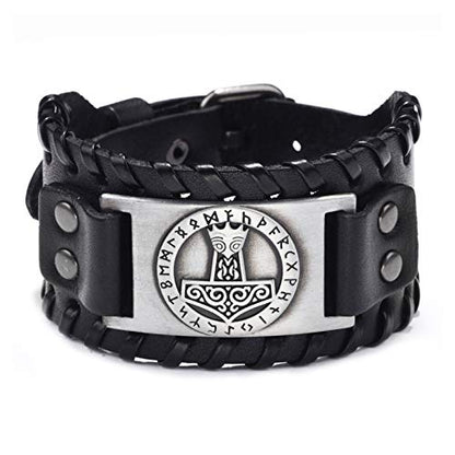 GelConnie Viking Bracelet Punk Leather Cuff Bracelet Gothic Leather Wristband Bracelet with Nordic Amulet Scandinavian Talisman Celtic Pagan Jewelry - color: Black Mjolnir