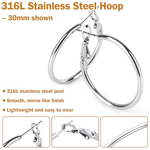 8 Pairs Gold Hoop Earrings for Women, 14K Gold Plated and Silver Hoops, Hypoallergenic Stainless Steel Classic Thin Large Set 30/40/50/60mm (1.18–2.36in) - color: 8 Pairs Silver-30/40/50/60mm