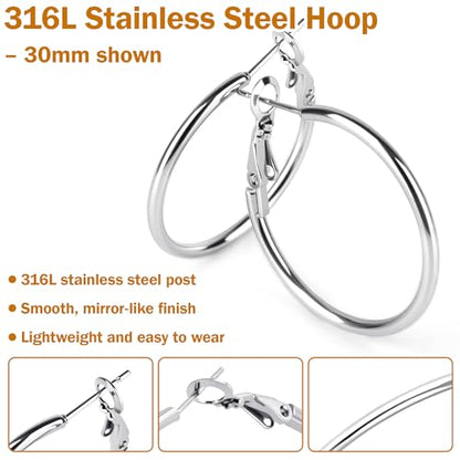8 Pairs Gold Hoop Earrings for Women, 14K Gold Plated and Silver Hoops, Hypoallergenic Stainless Steel Classic Thin Large Set 30/40/50/60mm (1.18–2.36in) - color: 8 Pairs Silver-30/40/50/60mm