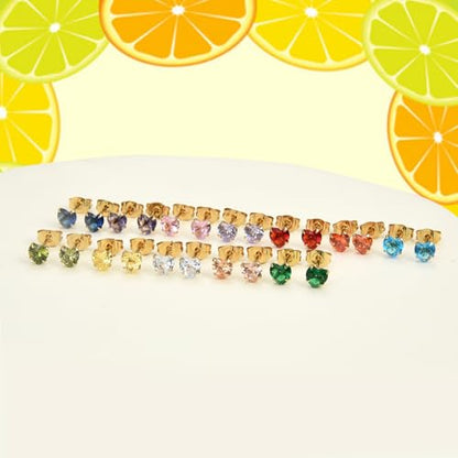 12 Pairs Surgical Stainless Steel Stud Earring Round Heart Star Square Cubic Zirconia Birthstone Stud Earrings Set for Women - color: Gold heart 4mm