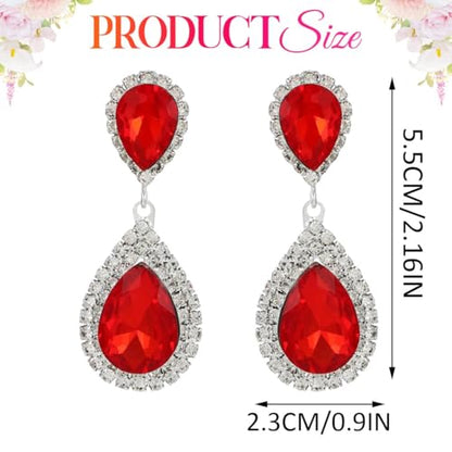 Catery Crystal Wedding Earrings Silver Rhinestone Ear Rings Teardrop Bridal Ear Jewelry for Brides and Women - color: Red