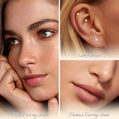 Xpircn Flat Back Stud Earrings 14K Gold Plated Internally Threaded CZ Stud Piercing Jewelry for Tragus Helix Cartilage Conch Nose Hypoallergenic Lip Labret Medusa Piercing 16G 18G - color: 18 Gauge, Gold, size: Mixed (6/8/10/12mm) Bar