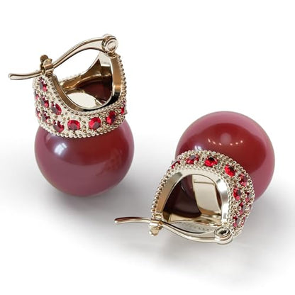 Glass Pearl Earrings Crystal Accent Crown Shape for Wedding, Bridal, Formal & Fashion - color: Deep Red