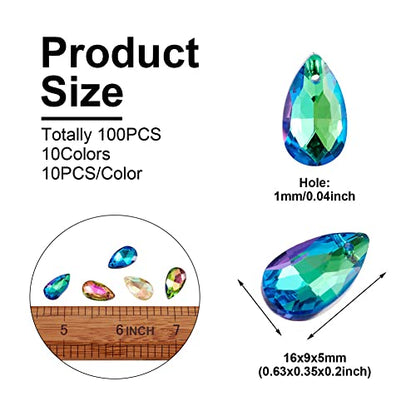 Cheriswelry 100Pcs Faceted Teardrop Glass Pendants Colorful Water Drop Glass Charms Top Drilled Crystal Drop Dangle Charms 16mm for DIY Bracelet Necklace Earring Jewelry Making - color: Mixed Color*13