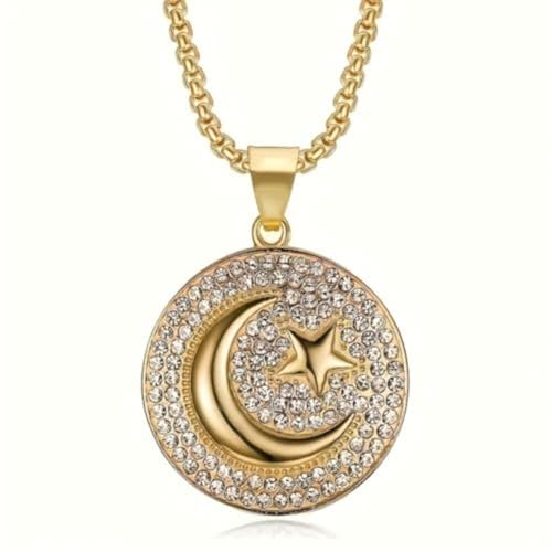 Star and Moon Circle Pendant Necklace for Men and Women, Retro Circle Charm Jewelry, Fashion Jewelry, Daily Wear, Birthday Gifts