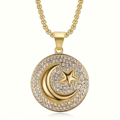 Star and Moon Circle Pendant Necklace for Men and Women, Retro Circle Charm Jewelry, Fashion Jewelry, Daily Wear, Birthday Gifts