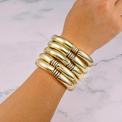 Gold Chunky Bangles Bracelets For Women 14k Gold Plated Stack Layered Curved Bamboo Tube Stretch Bracelets Gift Jewelry - color: 5pcs Gold