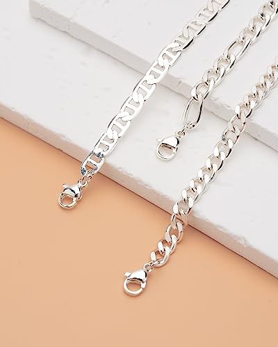 Sterling Silver Ankle Bracelets for Women Strong Lobster Clasp - Cuban Link, Figaro, Rope, Flat Mariner, Snake Herringbone, Satellite, Paperclip - Summer Beach Waterproof Silver Anklet - color: Curb, Figaro, Flat Mariner