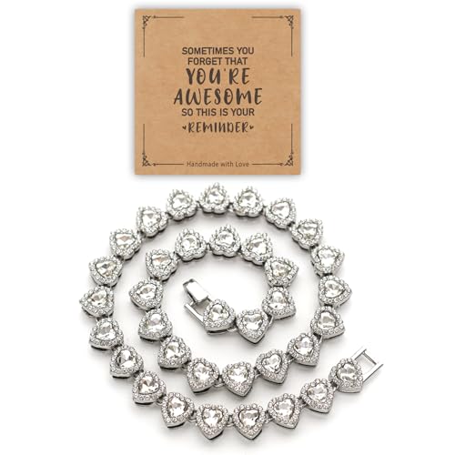 fasone Rhinestone Hearts Necklace, Iced Out Hearts Jewelry，Silver Tennis Necklace For Women，Tennis Necklaces For Women, Heart Tennis Necklace - color: White _15.7inch_A
