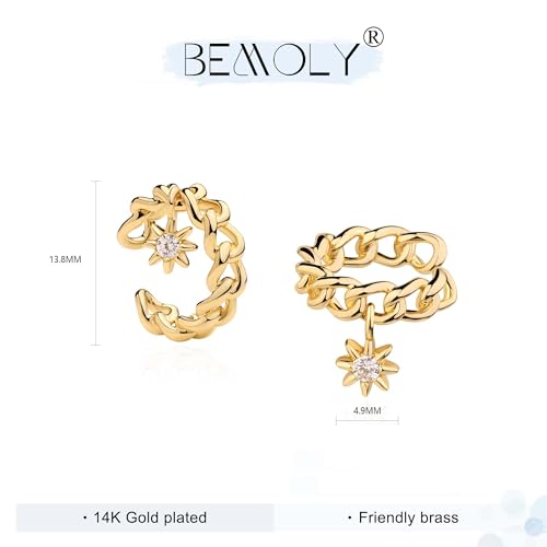 Bemoly Ear Cuff Earrings for Women 14K Gold Plated Cubic Zirconia Dangle Huggie Ear Cuffs Non Piercing | Clip On Cartilage - style: K-Star-Pair