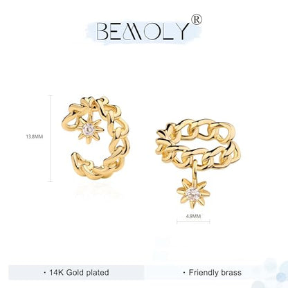 Bemoly Ear Cuff Earrings for Women 14K Gold Plated Cubic Zirconia Dangle Huggie Ear Cuffs Non Piercing | Clip On Cartilage - style: K-Star-Pair